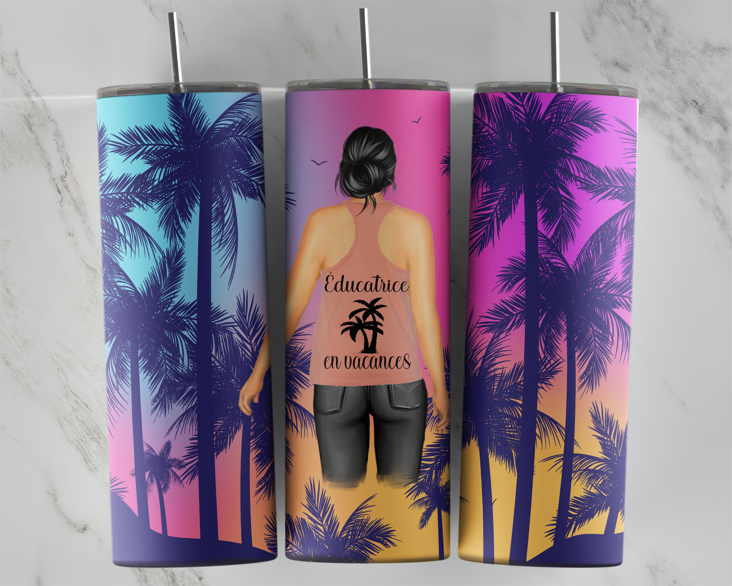 Design Tumblers 20 oz, sublimation. éducatrice en vacances, cheveux noirs