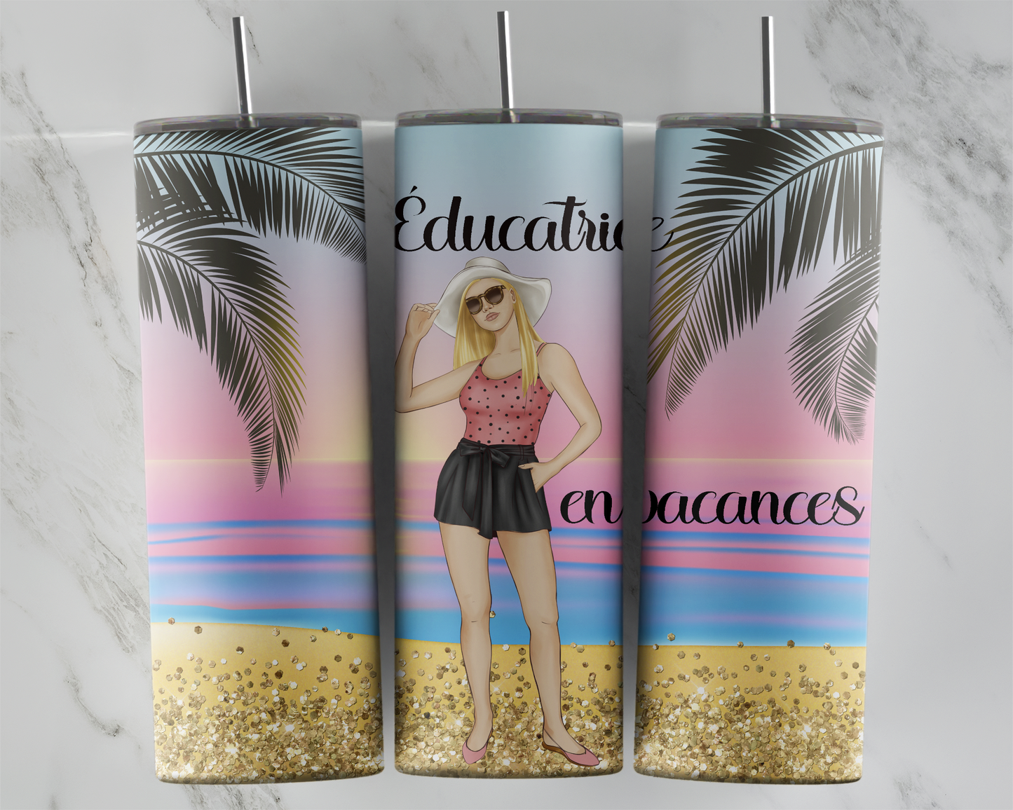 Design Tumblers 20 oz, sublimation. éducatrice en vacances , sunset, cheveux blonds