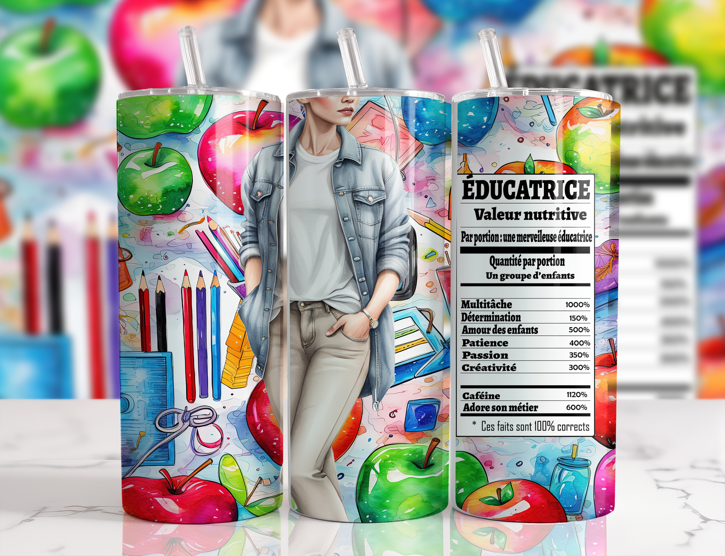 Design Tumblers 20 oz, sublimation. Éducatrice, femme valeur nutritive