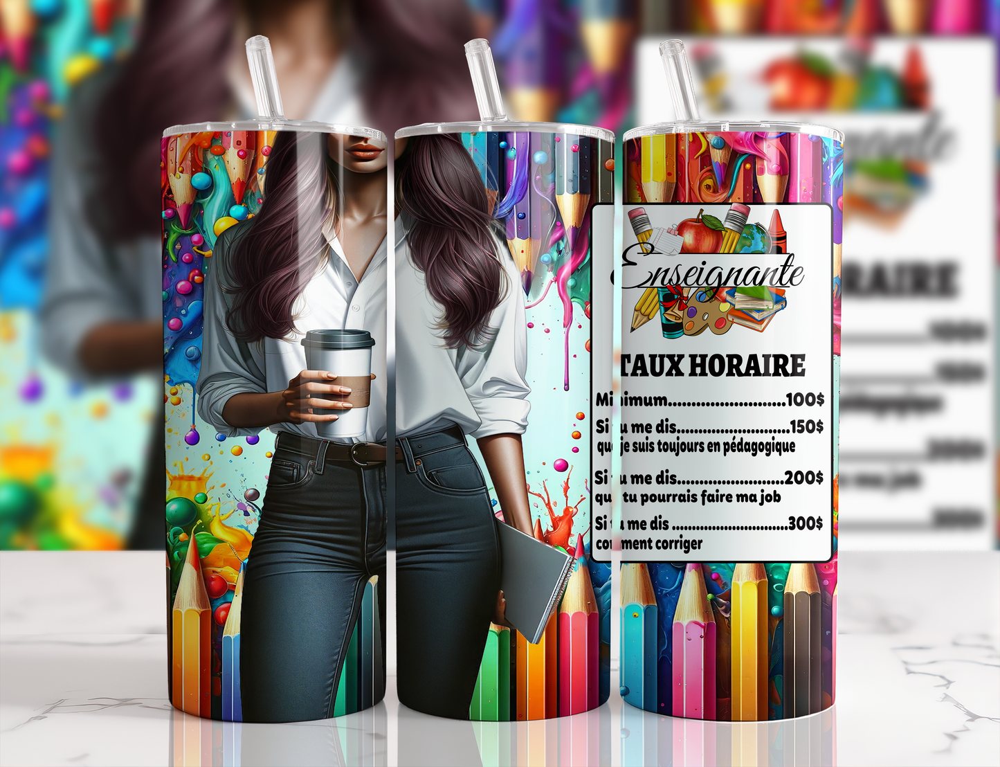 Design Tumblers 20 oz, sublimation. Enseignante, femme cheveux bruns, taux horaire