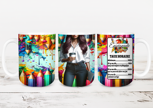 Design Tumblers 20 oz, sublimation. Enseignante, femme cheveux bruns, taux horaire