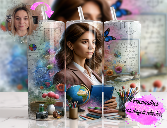 Design Tumblers 20 oz, sublimation. Enseignante, femme cheveux bruns style réaliste