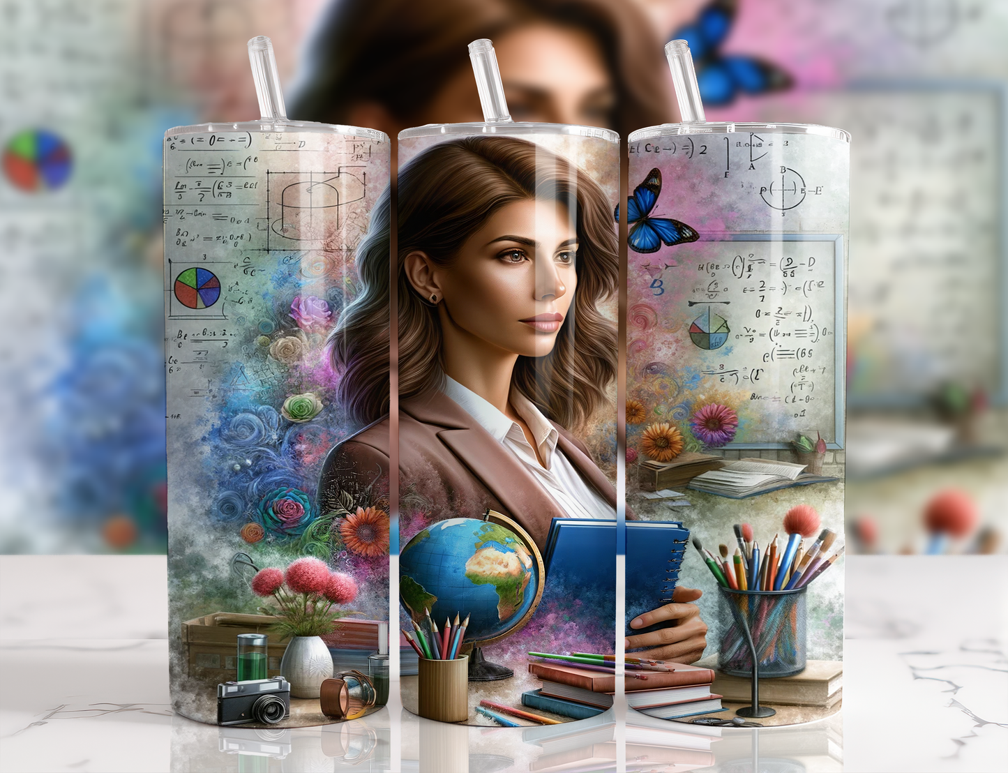 Design Tumblers 20 oz, sublimation. Enseignante, femme cheveux bruns style réaliste