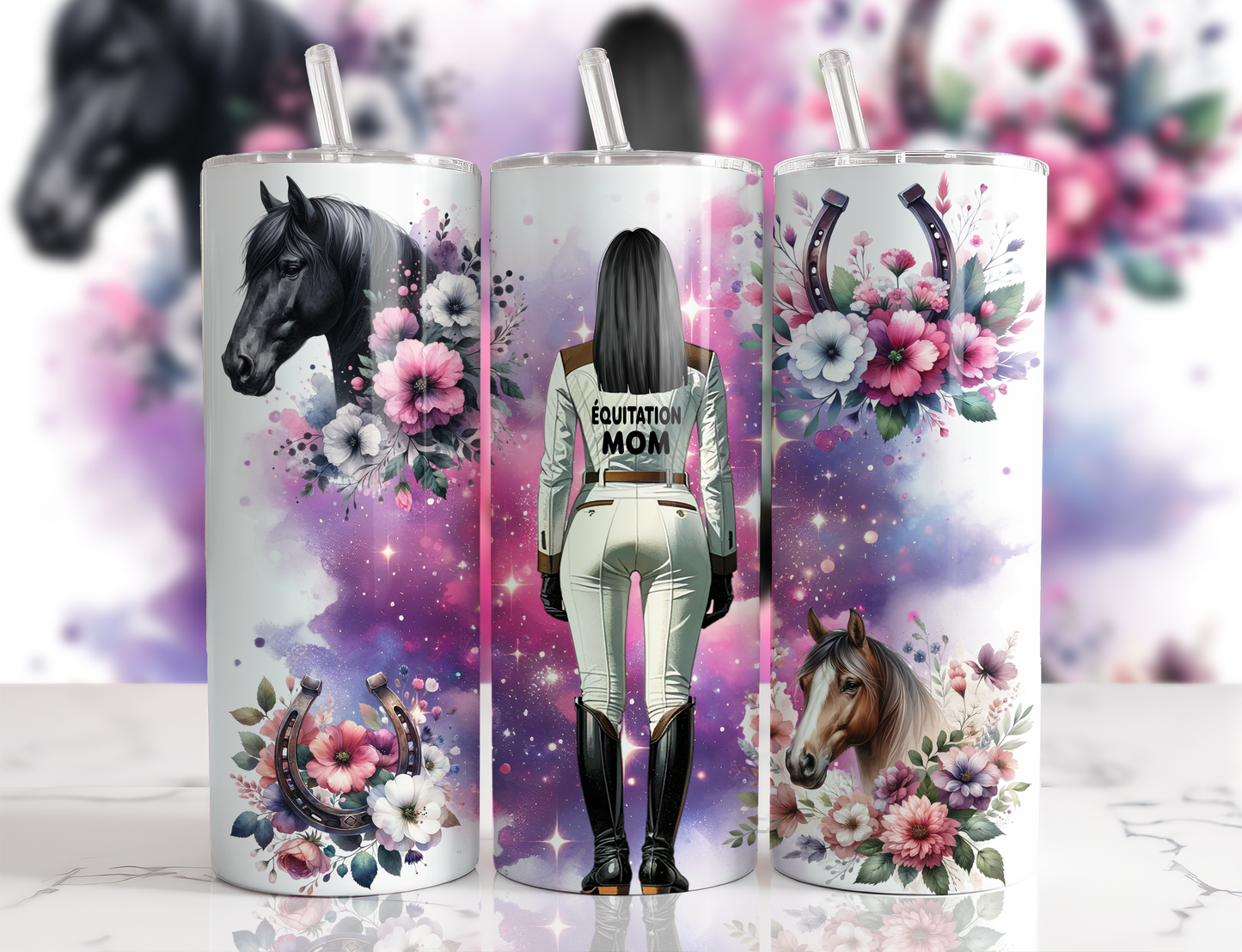 Design tumbler 20oz pour sublimation , ÉQUITATION MOM, cheveux noirs