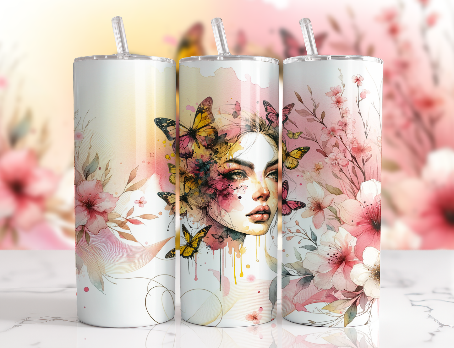 Design tumbler 20oz pour sublimation , Femme papillon aquarelle