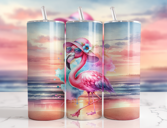 Design tumbler 20oz pour sublimation , Flamant rose  plage