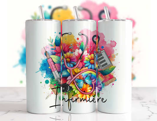 Design tumbler 20oz pour sublimation INFIRMIÈRE , fleurs multicolores aquarelle