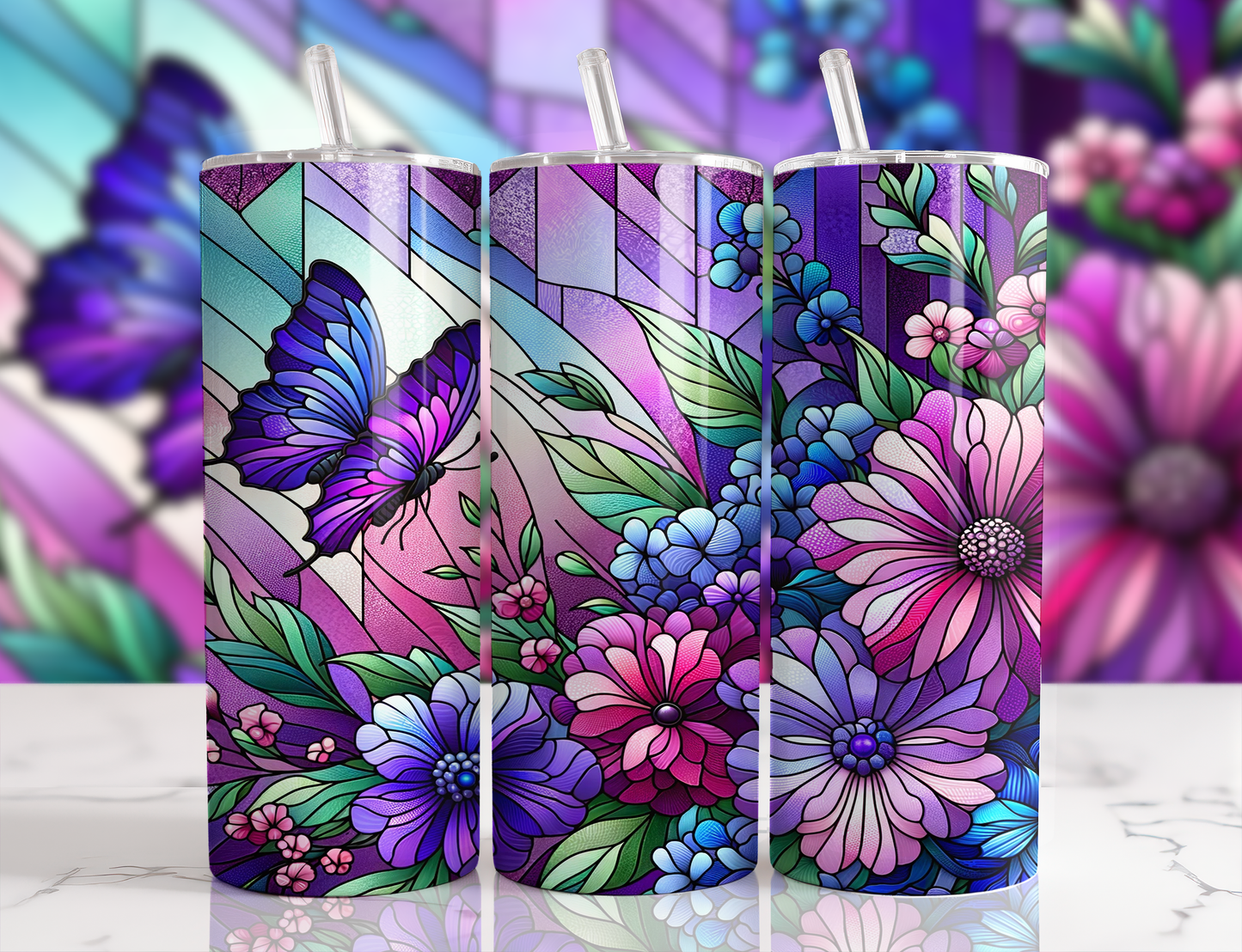 Design tumbler 20oz pour sublimation , fleurs papillon vitrail