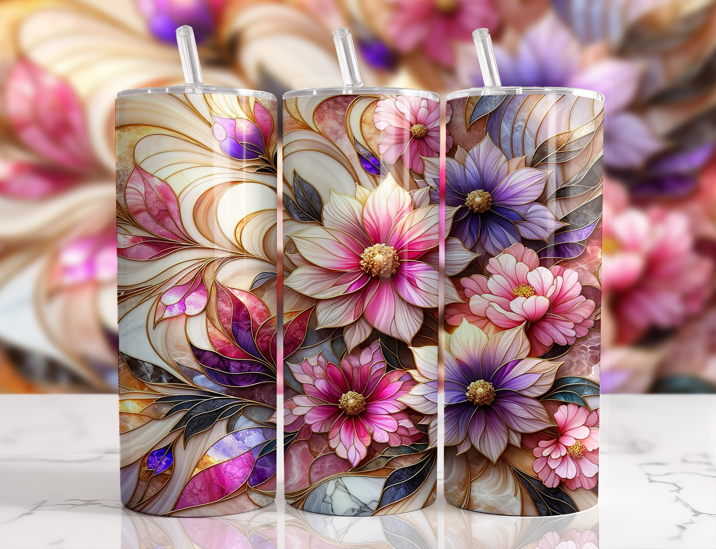 Design tumbler 20oz pour sublimation , fleurs colorées vitrail et marbre