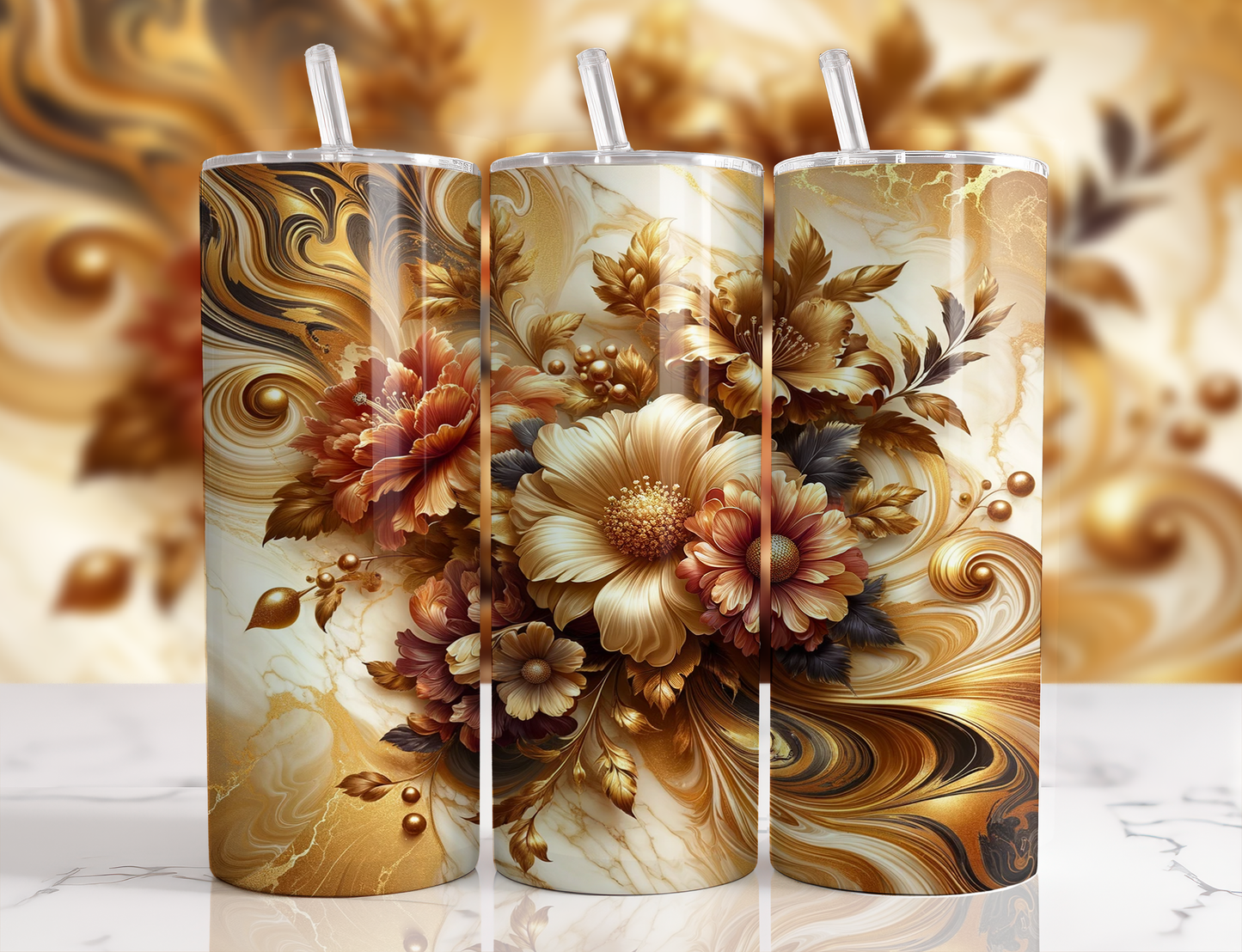 Design tumbler 20oz pour sublimation , fleurs dorées