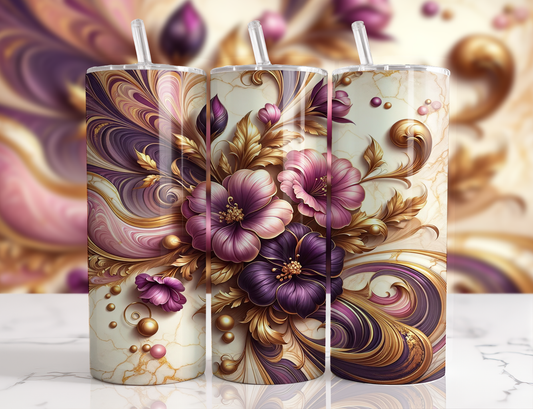 Design tumbler 20oz pour sublimation , fleurs roses , mauves, doré