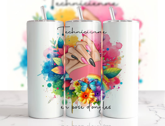 Design tumbler 20oz pour sublimation , Technicienne pose d'ongles, fleurs multicolores