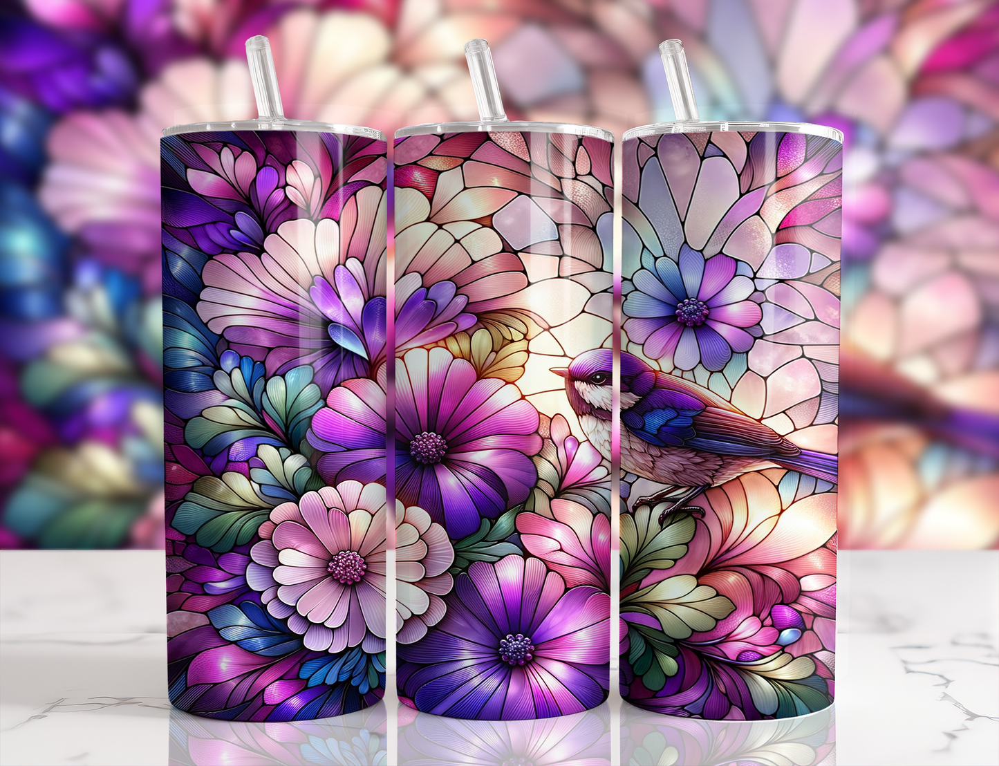 Design tumbler 20oz pour sublimation , Oiseau, fleur vitrail