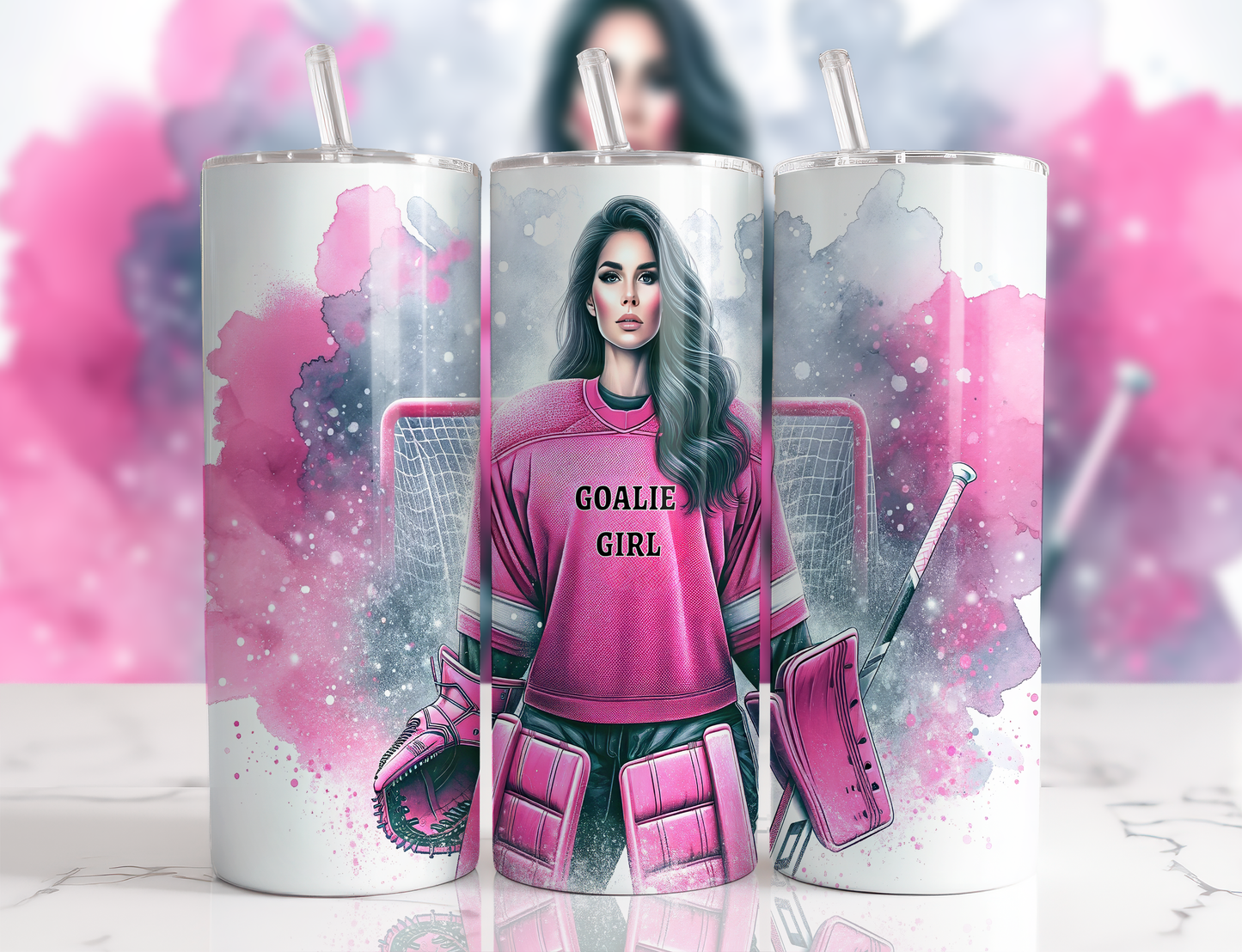 Design tumbler 20oz pour sublimation , GOALIEGIRL, femme cheveux bruns