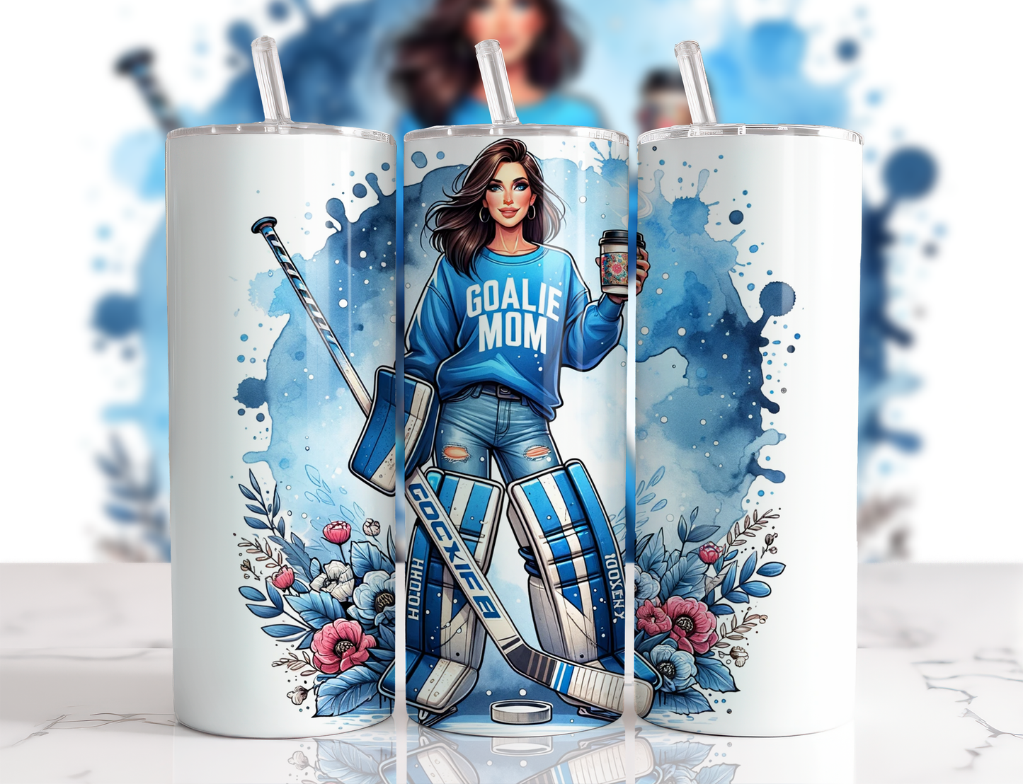 Design tumbler 20oz pour sublimation , Goaliemom, hockey, cheveux bruns,