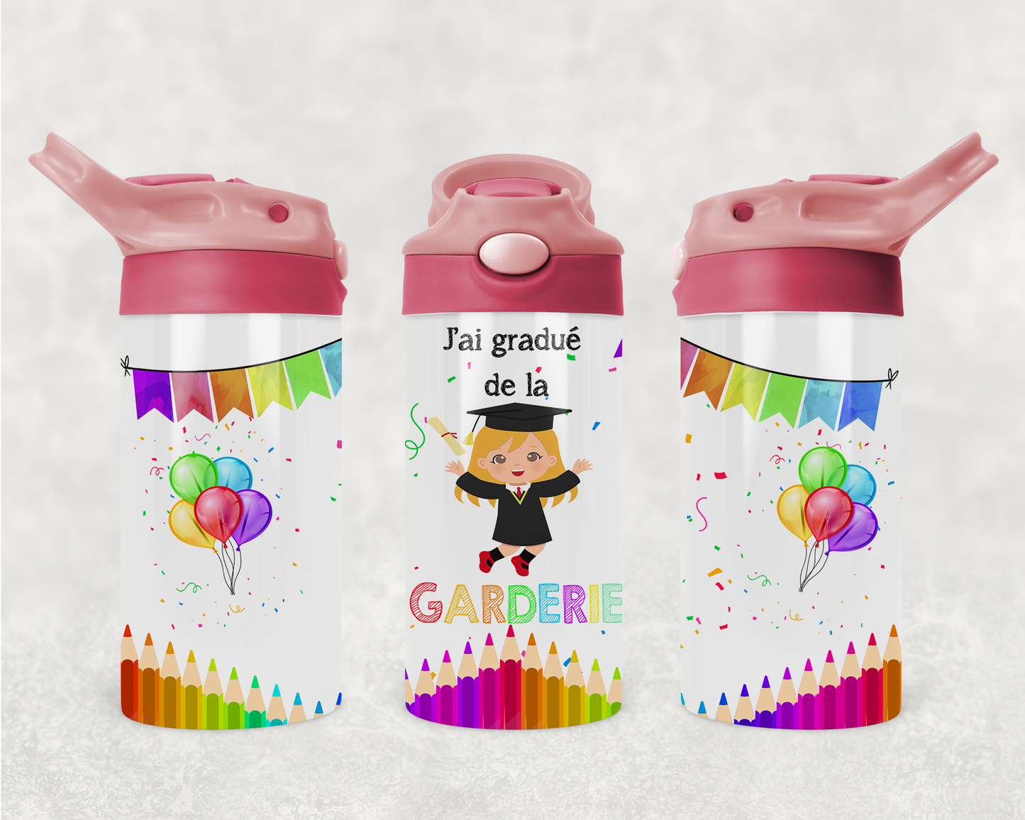 Design PNG, bouteille enfants, Sippy cup, 12 oz sublimation, Graduation garderie fille cheveux blonds