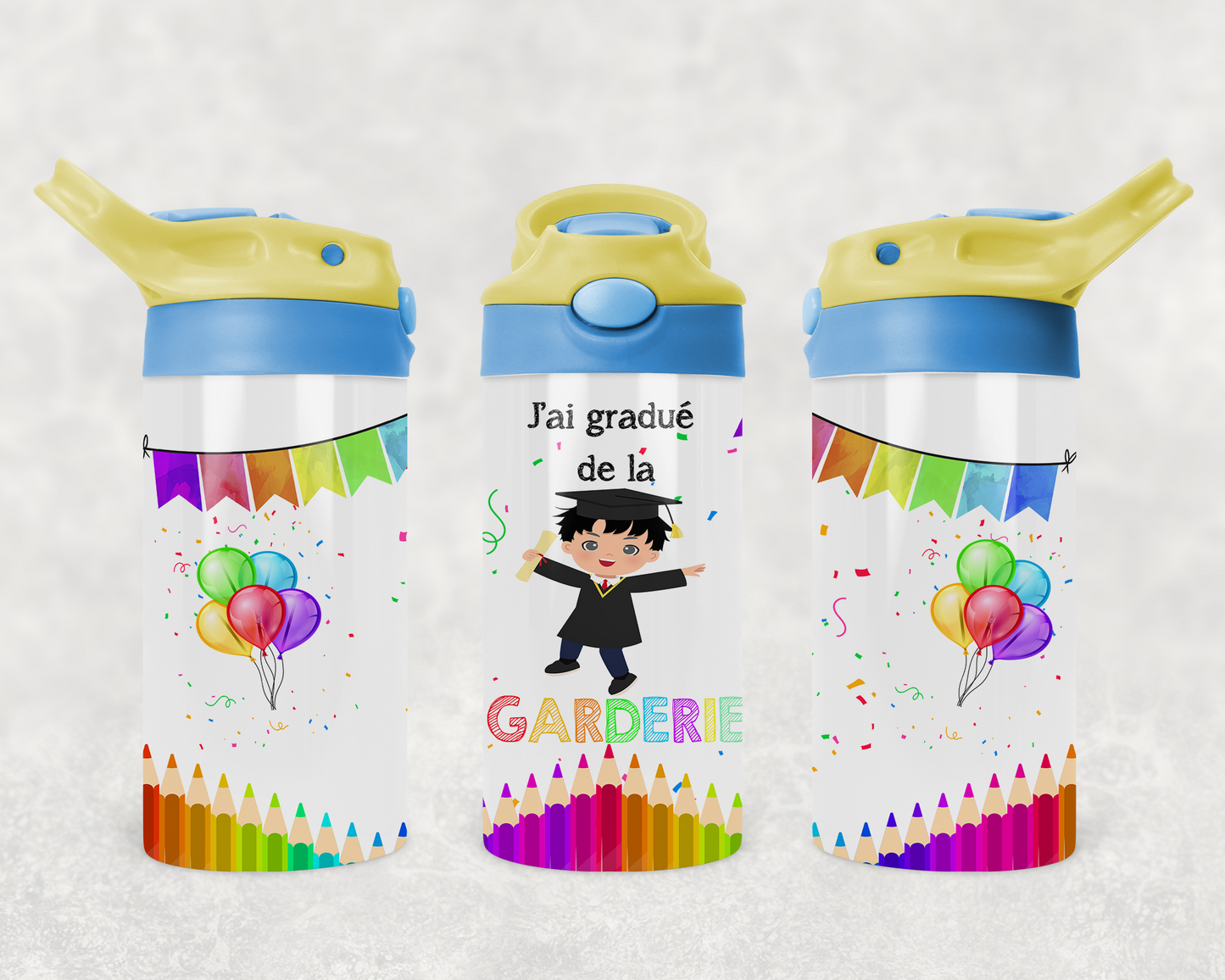 Design PNG, bouteille enfants, Sippy cup, 12 oz sublimation, Graduation garderie garçon cheveux bruns