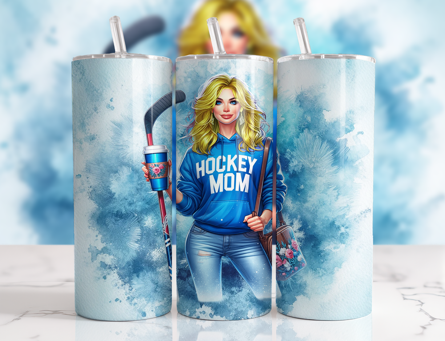 Design tumbler 20oz pour sublimation , Hockeymom, cheveux blonds, femme cartoon