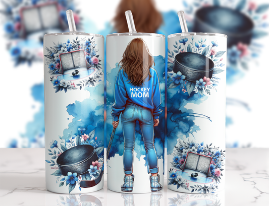 Design tumbler 20oz pour sublimation , HOCKEY MOM, cheveux bruns