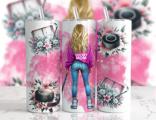 Design tumbler 20oz pour sublimation , HOCKEY MOM, rose, cheveux blonds