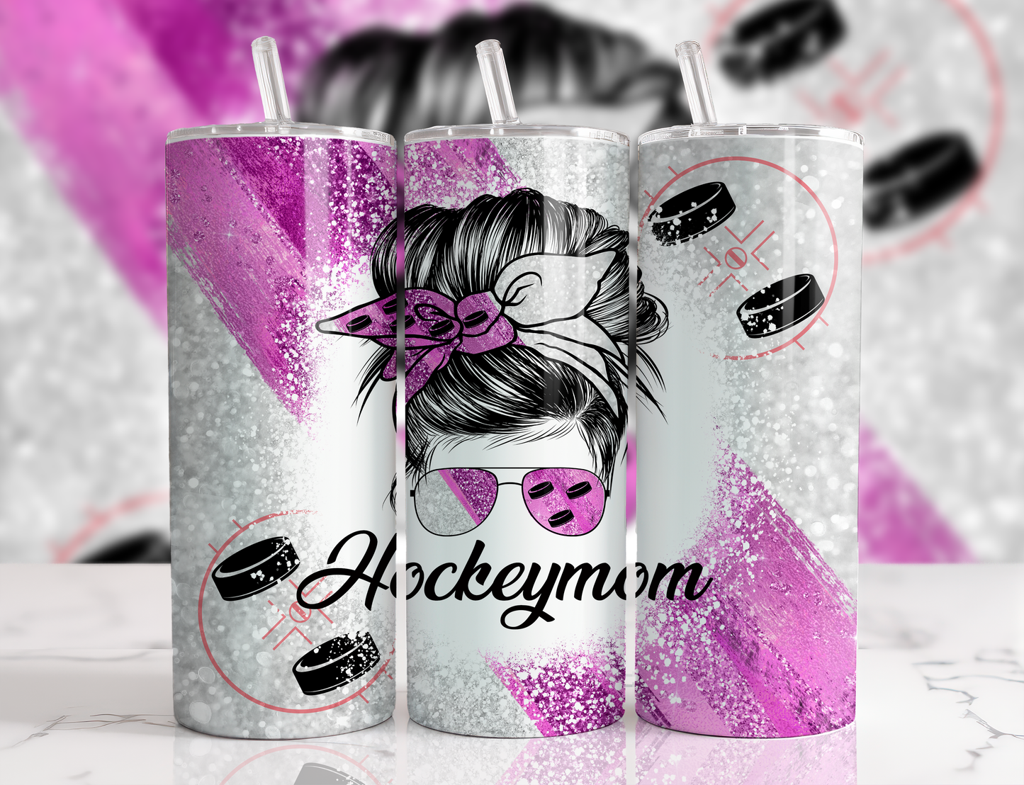 Design tumbler 20oz pour sublimation , Hockeymom, mamanhockey, messy bun glitter rose