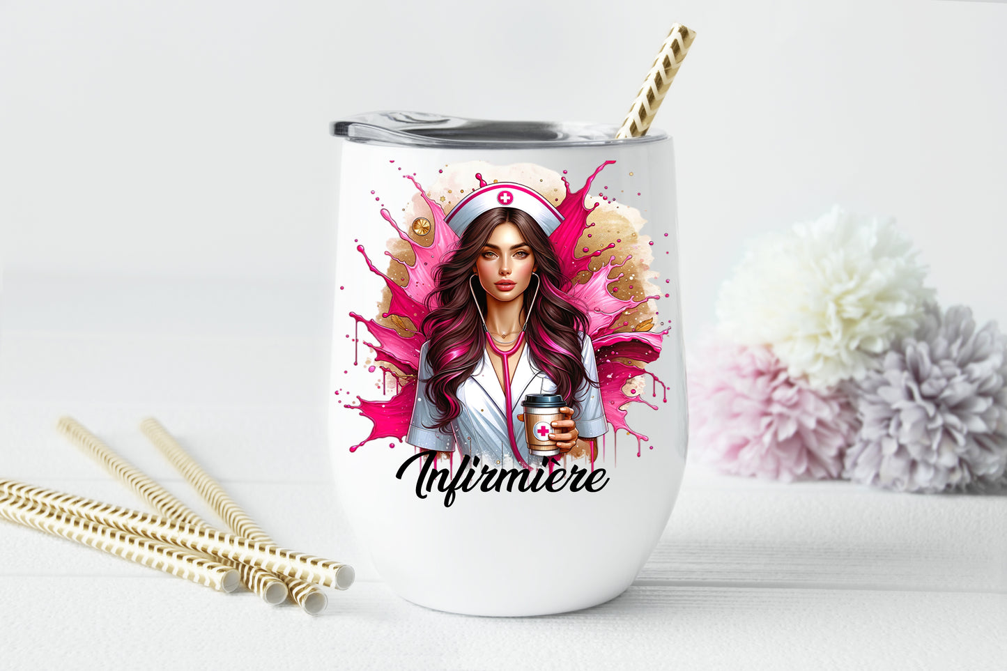 Design PNG pour sublimation, SUPER infirmière, Femme brune infirmière, splash doré et rose