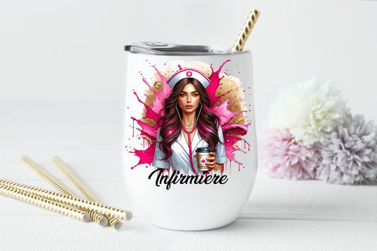 Design PNG pour sublimation, SUPER infirmière, Femme brune infirmière, splash doré et rose