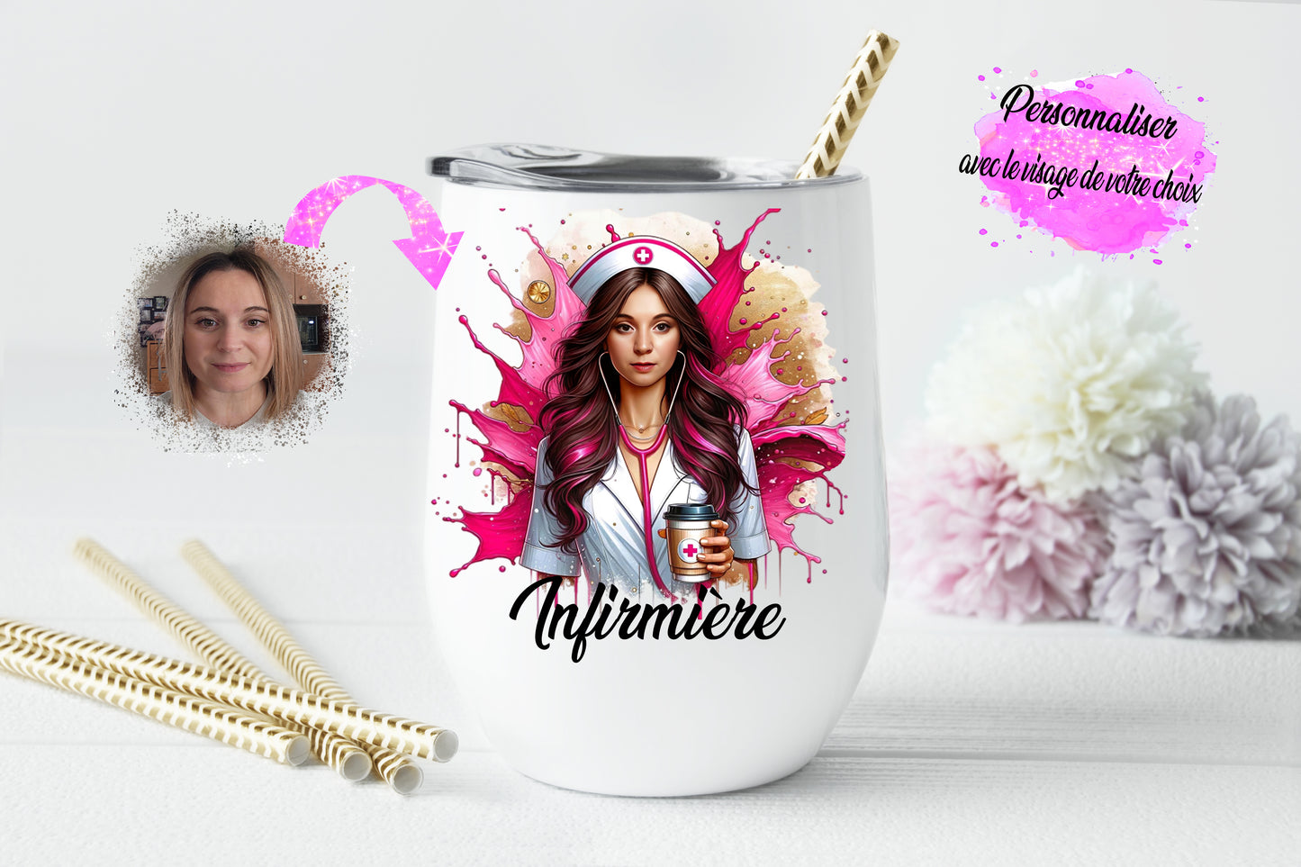 Design PNG pour sublimation, SUPER infirmière, Femme brune infirmière, splash doré et rose