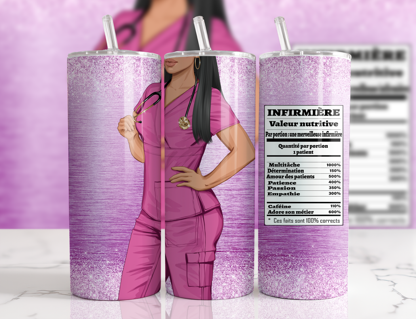 Design tumbler 20oz pour sublimation INFIRMIÈRE, valeur nutritive, glitter , cheveux noirs