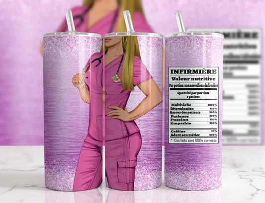 Design tumbler 20oz pour sublimation INFIRMIÈRE, valeur nutritive, glitter , cheveux blonds