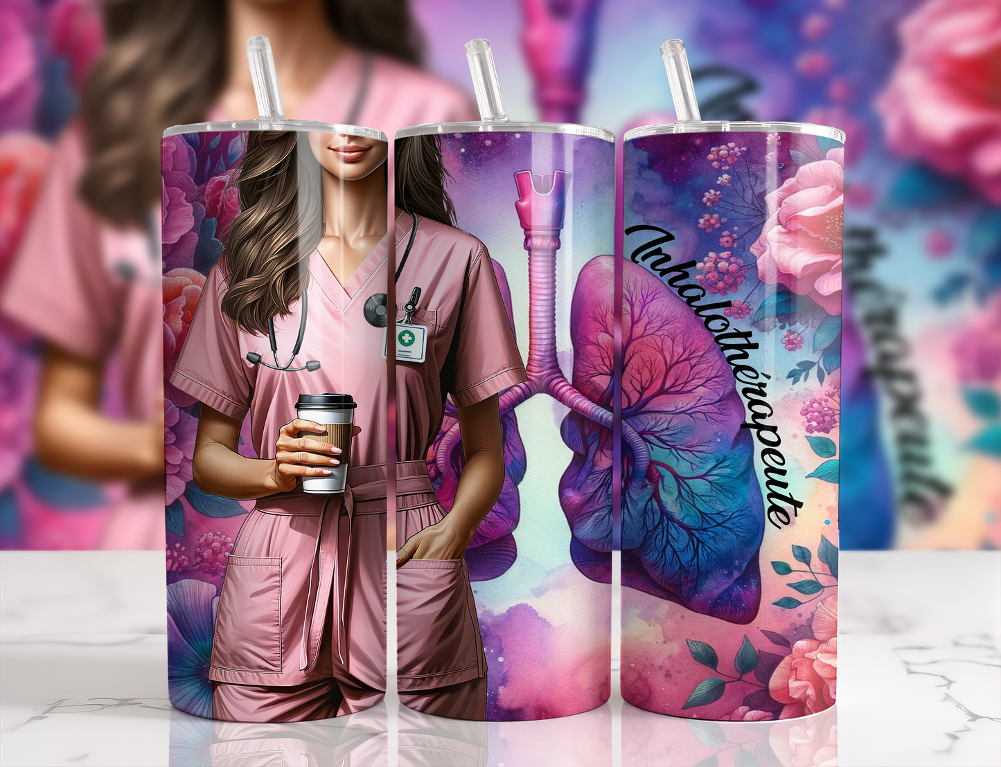 Design tumbler 20oz pour sublimation , inhalothérapeute , cheveux bruns