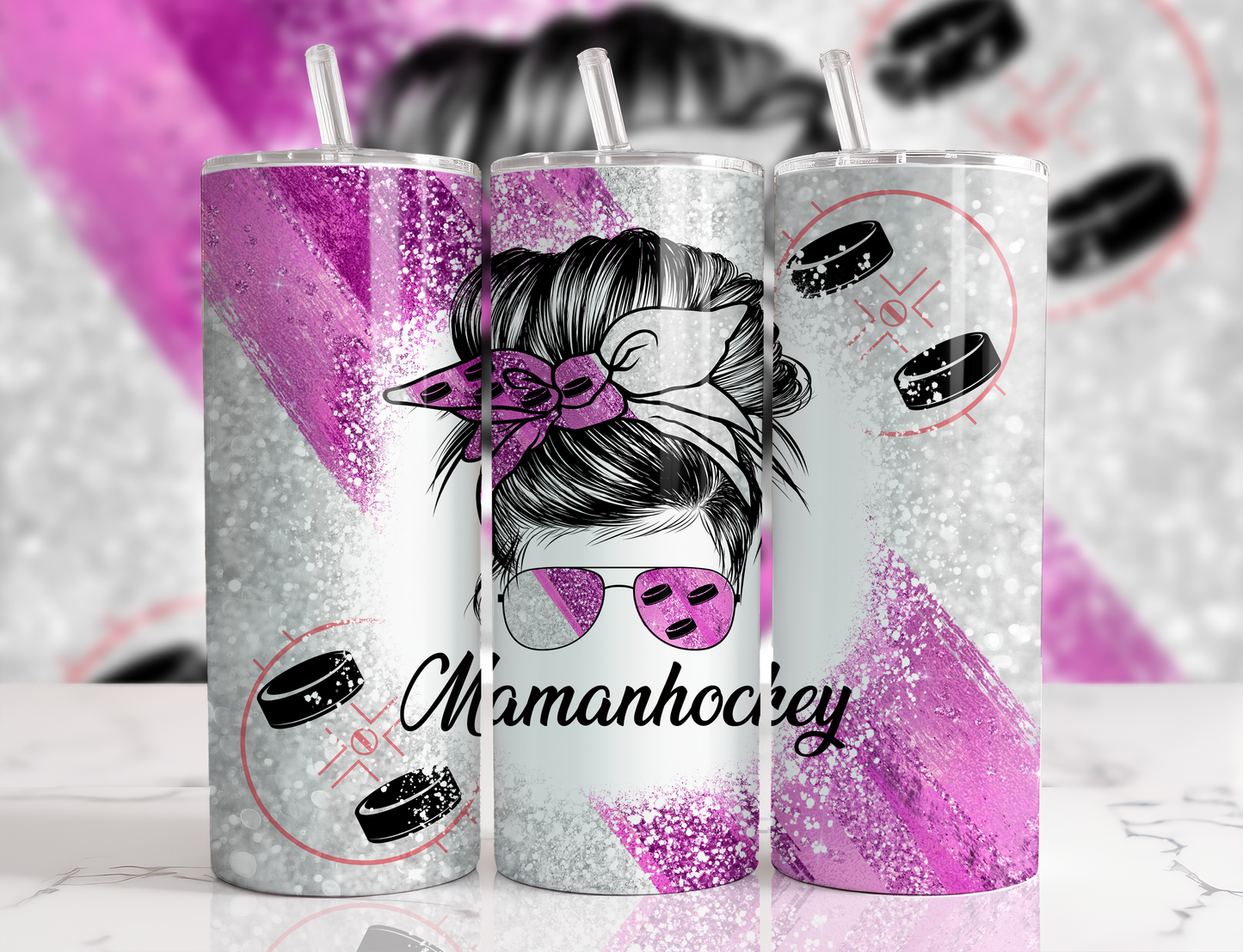 Design tumbler 20oz pour sublimation , Hockeymom, mamanhockey, messy bun glitter rose