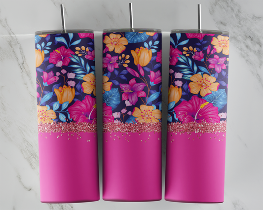 Design tumbler 20oz pour sublimation , fleurs roses fushia