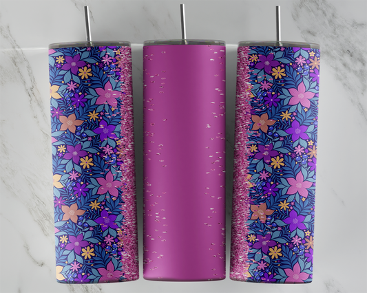 Design tumbler 20oz pour sublimation , fleurs roses bande glitter