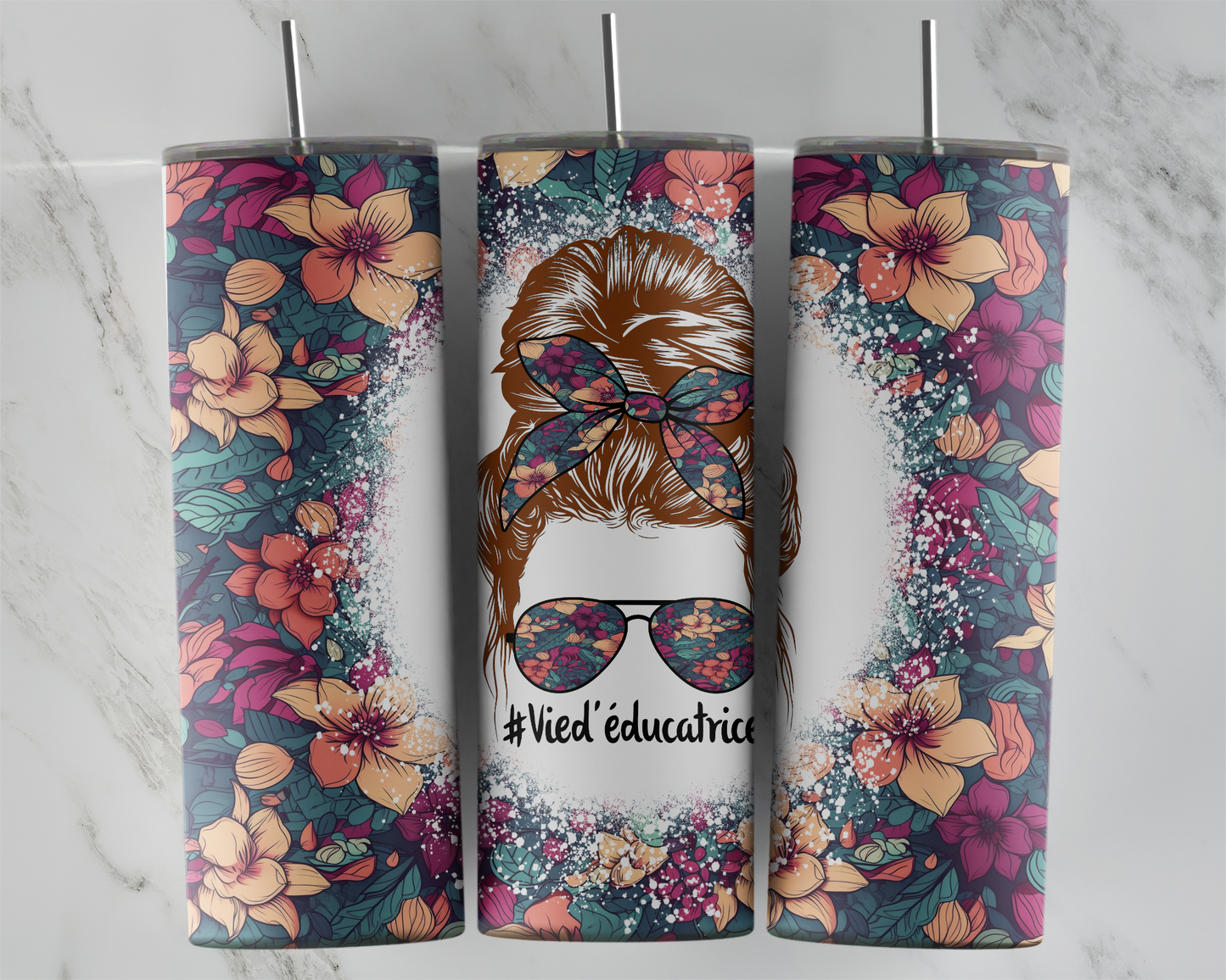 Design Tumblers 20 oz, sublimation. Vie d'éducatrice cheveux bruns. Messy bun