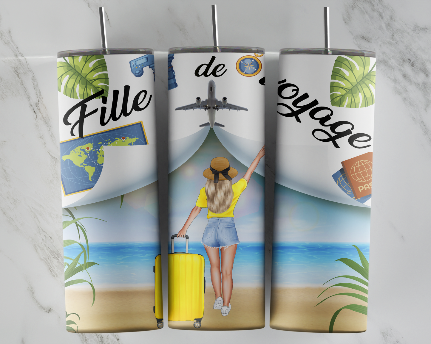 Design tumbler 20oz pour sublimation , Fille de voyage cheveux blonds