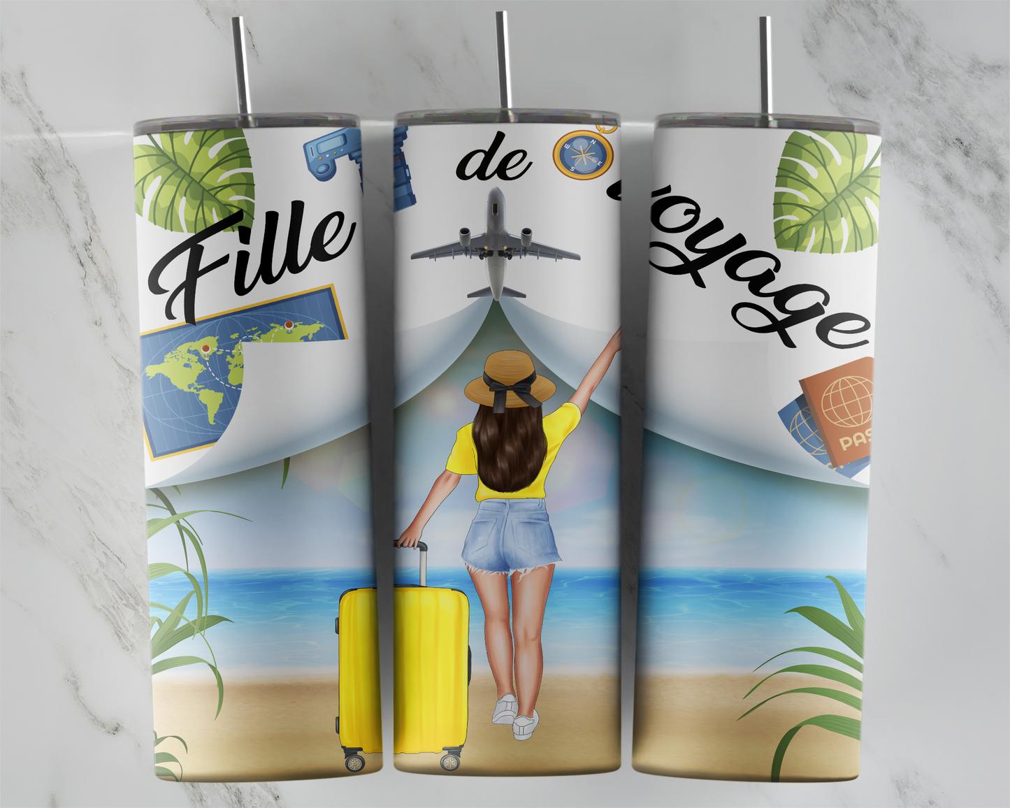 Design tumbler 20oz pour sublimation , Fille de voyage cheveux bruns