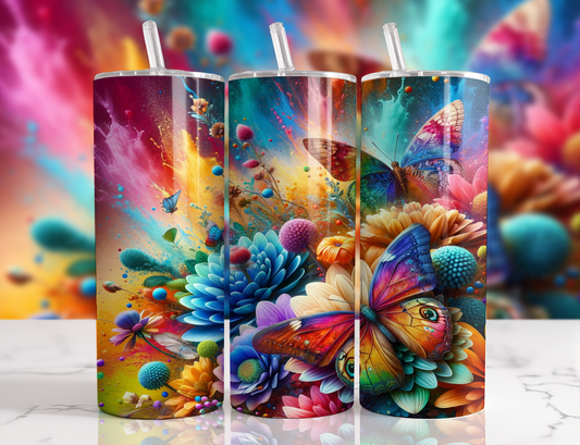 Design tumbler 20oz pour sublimation , fleurs splash multicolores , papillon