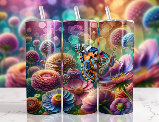Design tumbler 20oz pour sublimation , fleurs multicolores , papillon