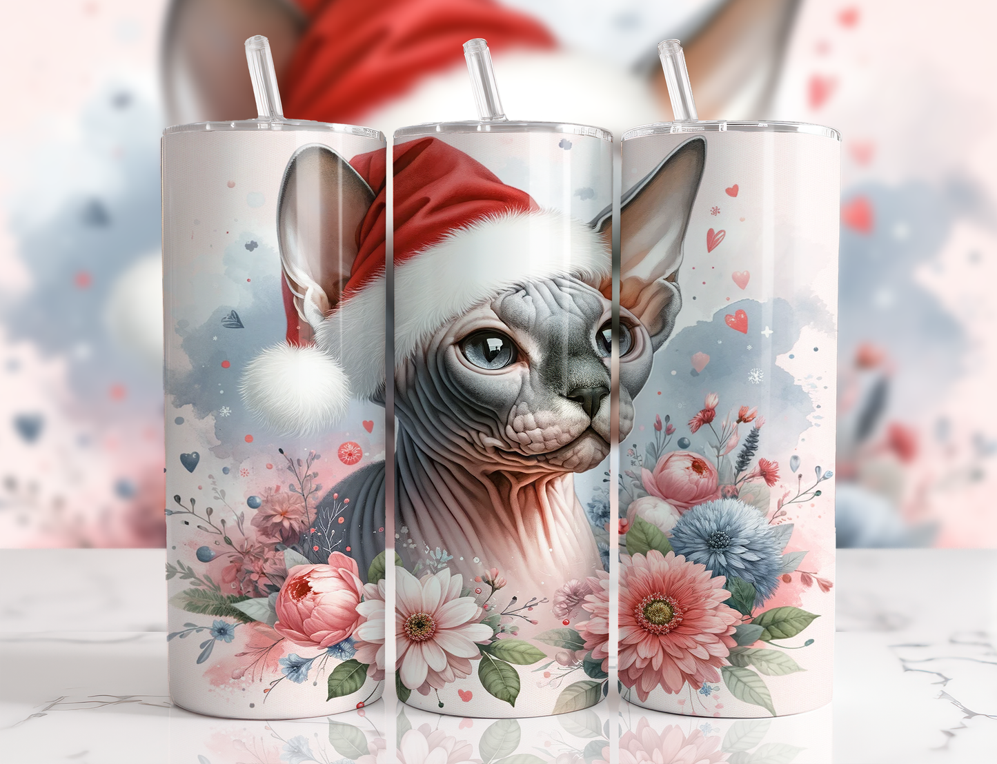 Design tumbler 20oz pour sublimation , Sphynx , aquarelle rose, noël