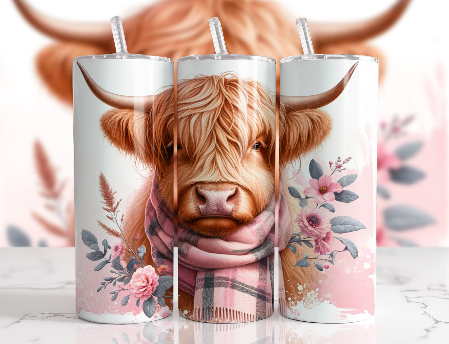 Design tumbler 20oz pour sublimation , Vache Highland , aquarelle fleurs