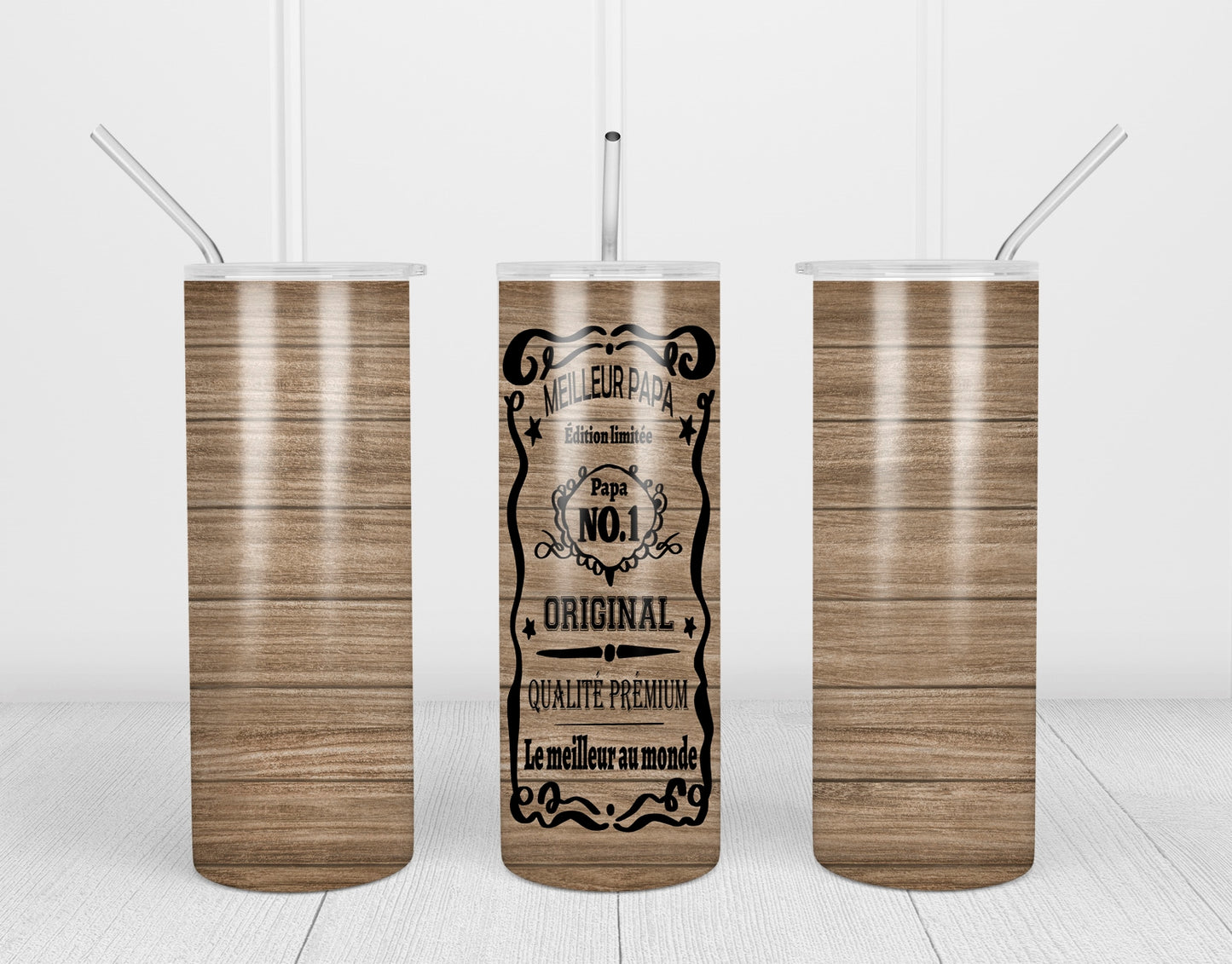 Design tumbler 20oz pour sublimation , ÉTIQUETTE MEILLEUR PAPA, fond bois