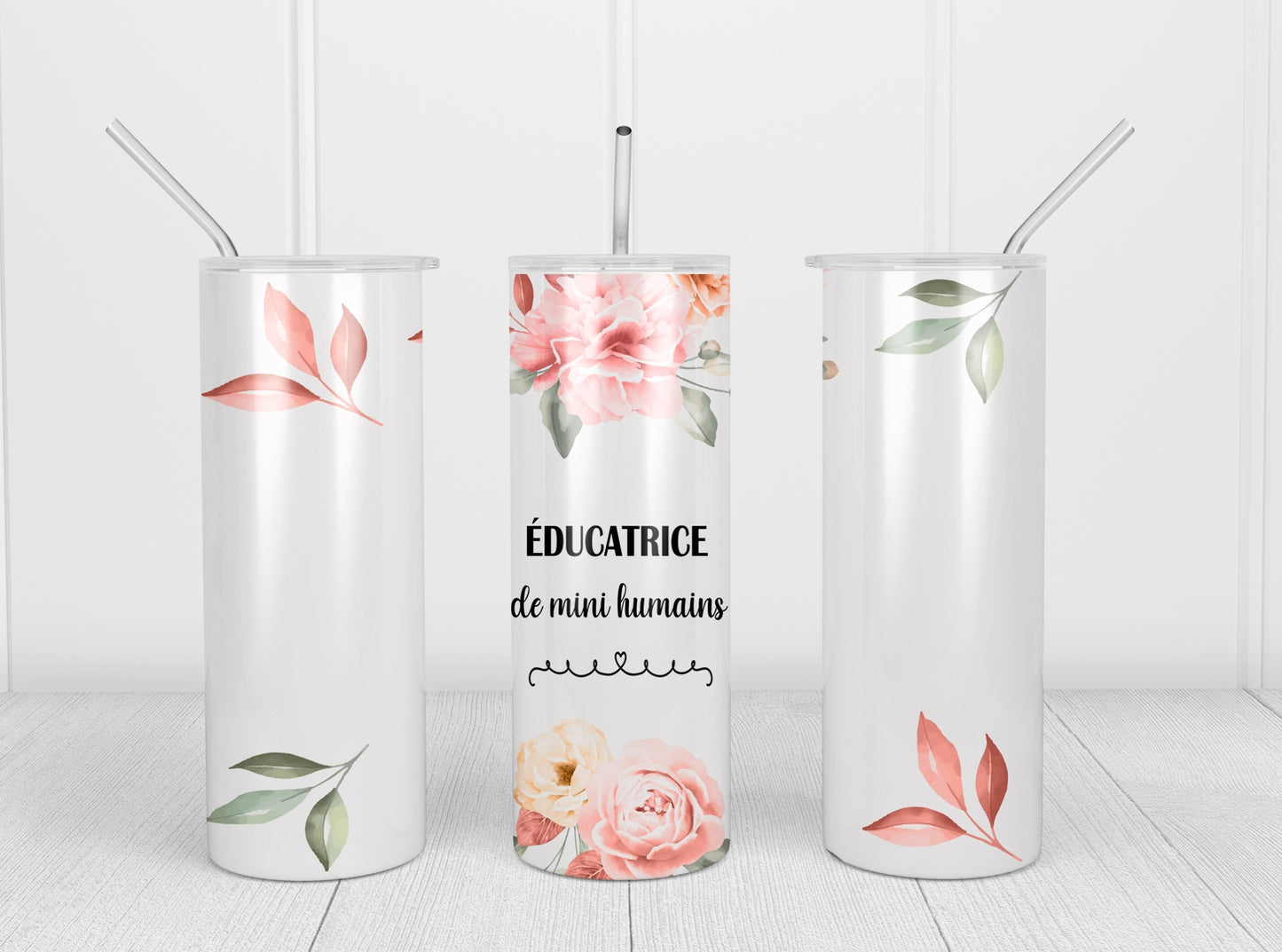 Design Tumblers 20 oz, sublimation , éducatrice mini humains, fleur corail