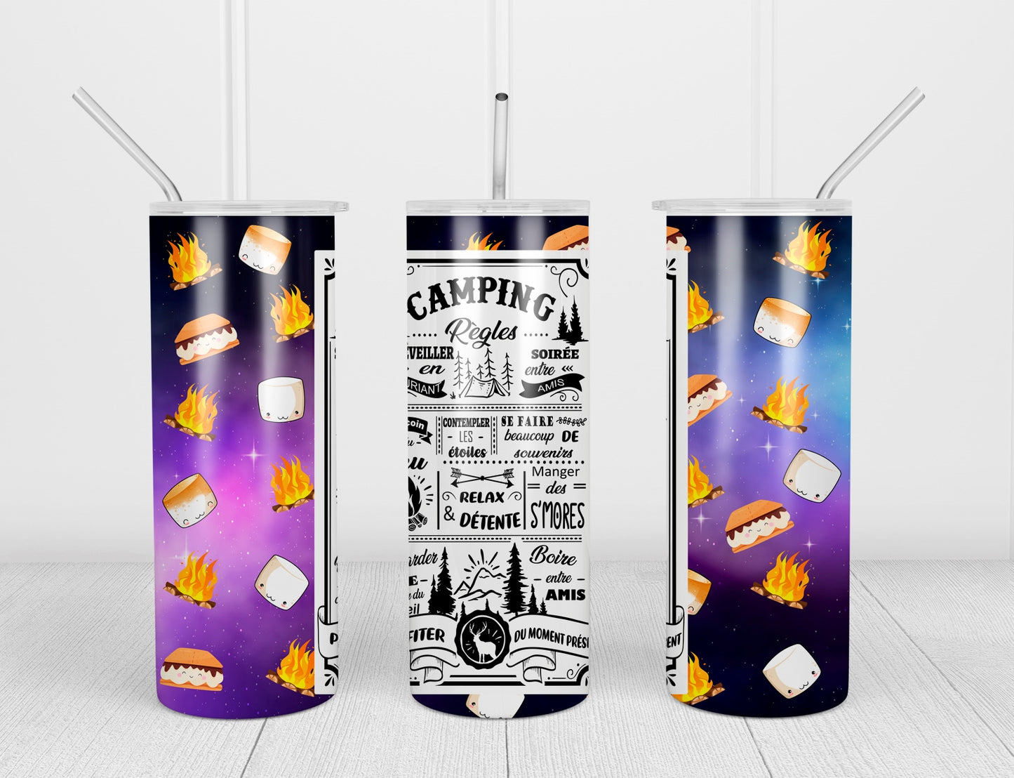 Design tumbler 20oz pour sublimation , CAMPING, règles du camping ,feu de camp, guimauves