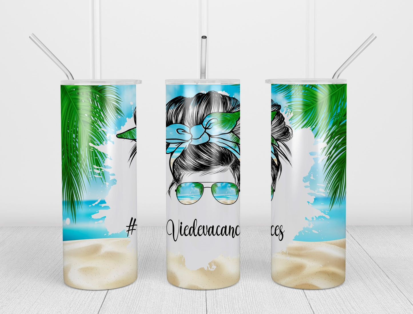 Design tumbler 20oz pour sublimation , ÉTÉ, #Viedevacances, Messy Bun, plage palmier, palm beach