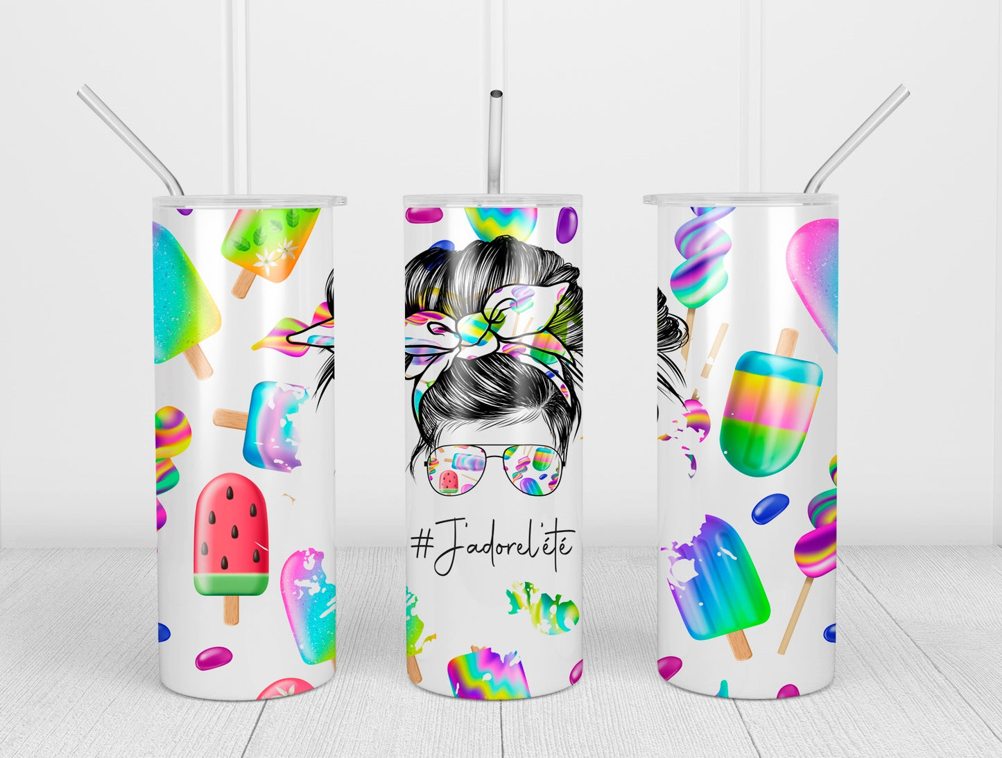 Design tumbler 20oz pour sublimation , ÉTÉ, #J'adorel'été, Messy Bun, popsicle  couleur