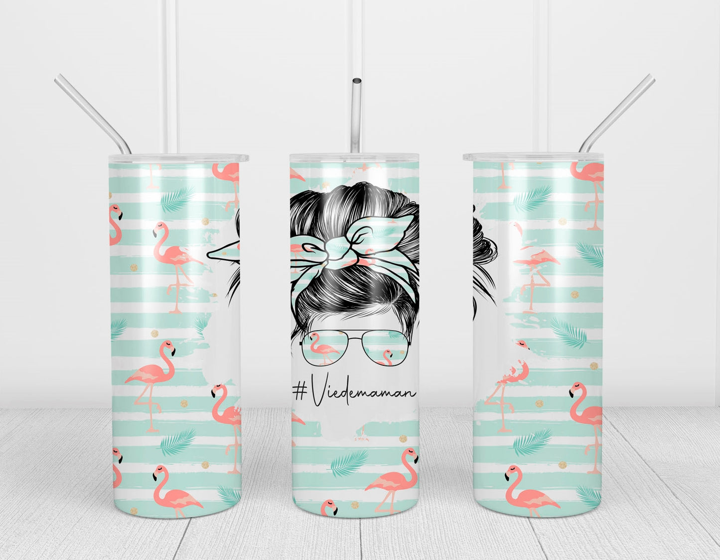 Design tumbler 20oz pour sublimation, #Viedemaman, Messy Bun, Momlife, Flamingo, Flamand rose