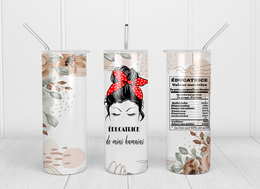 Design Tumblers 20 oz, sublimation. éducatrice mini humains, fleurs marrons