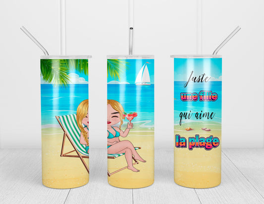 Design tumbler 20oz pour sublimation , FILLE QUI AIME LA PLAGE, Été, beach, cheveux blonds