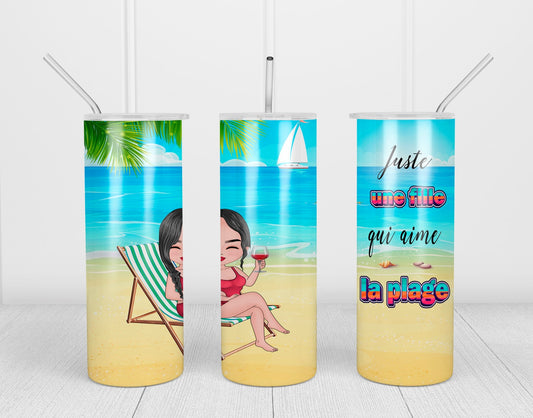 Design tumbler 20oz pour sublimation , FILLE QUI AIME LA PLAGE, Été, beach, cheveux noirs